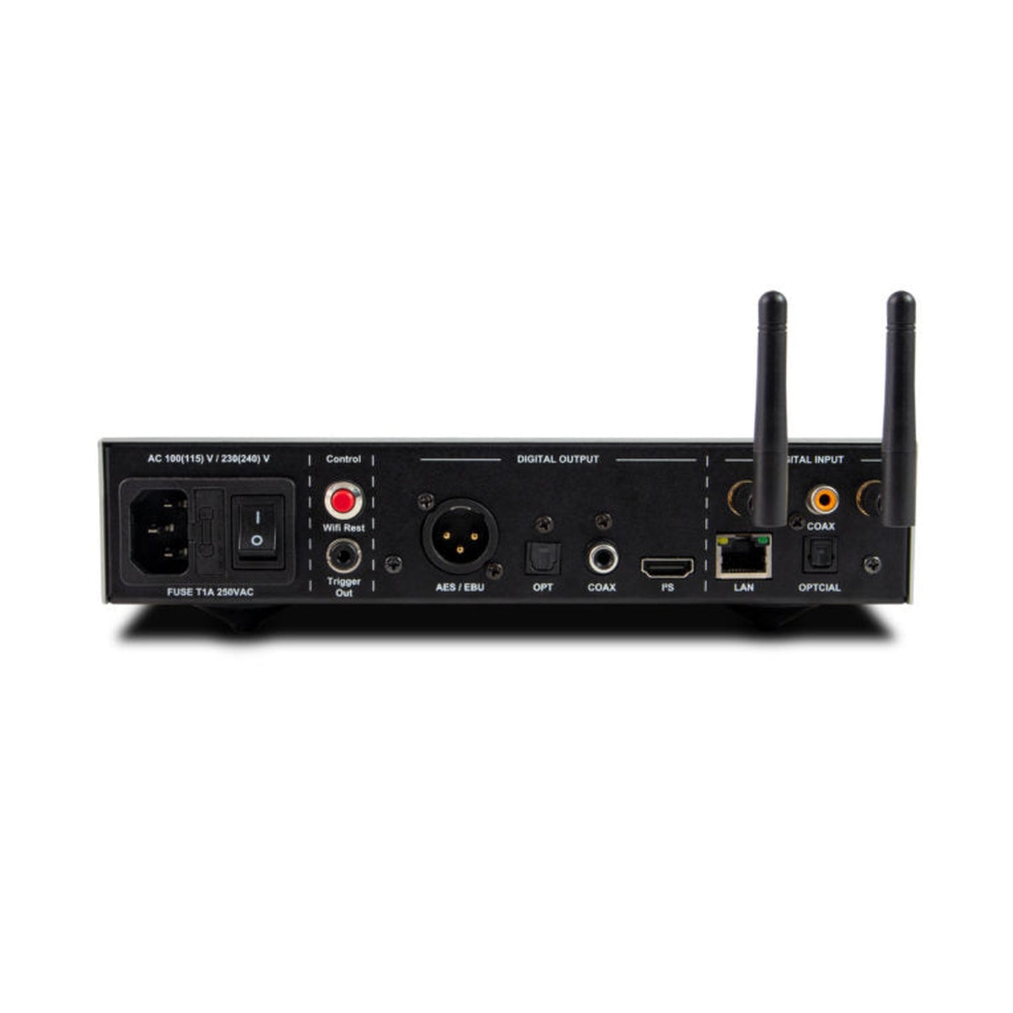 NuPrime Stream 9X Netzwerk-Streamer Rückansicht mit XLR-, Koaxial-, Lichtleiter- und Ethernet-Anschluss