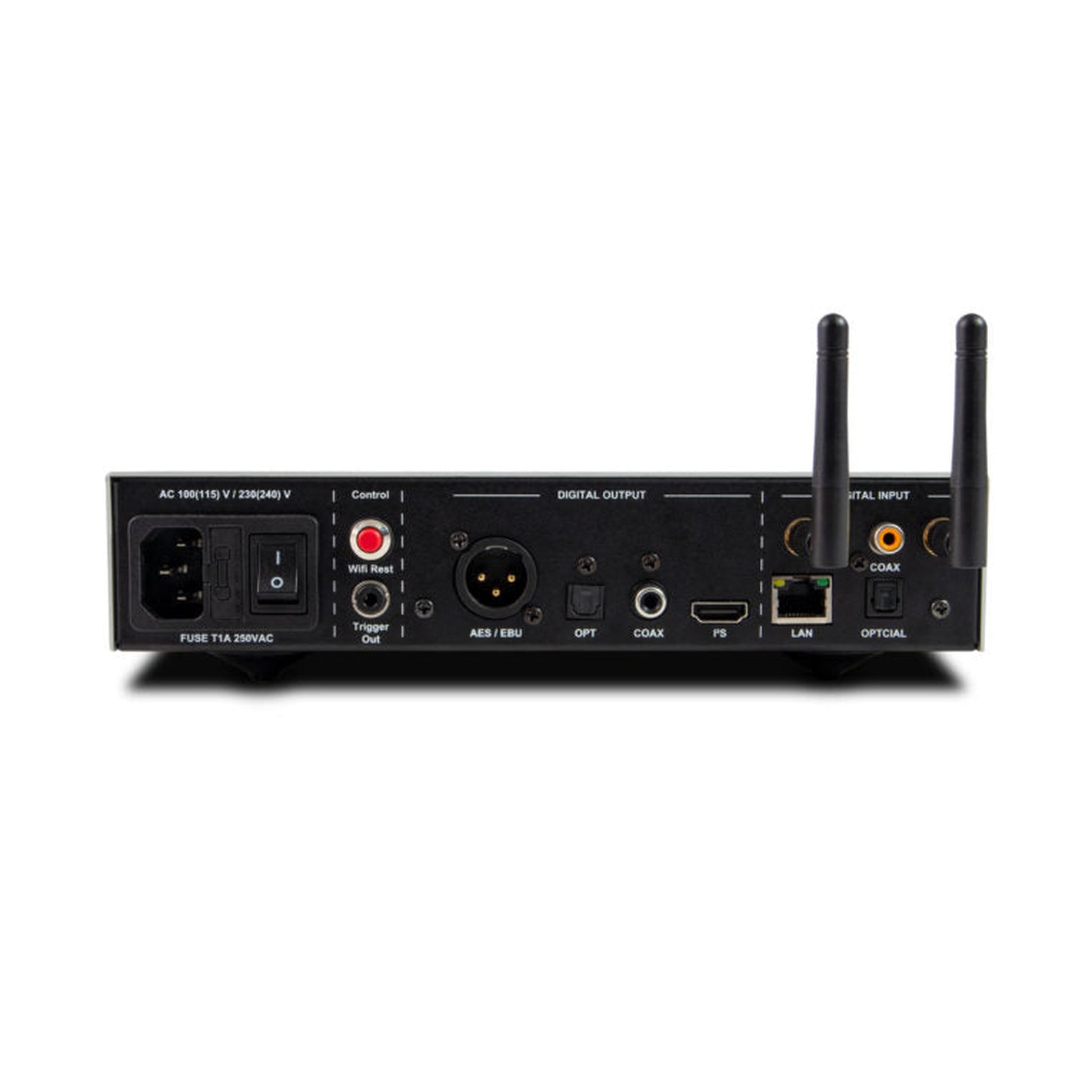 NuPrime Stream 9X Netzwerk-Streamer Rückansicht mit XLR-, Koaxial-, Lichtleiter- und Ethernet-Anschluss