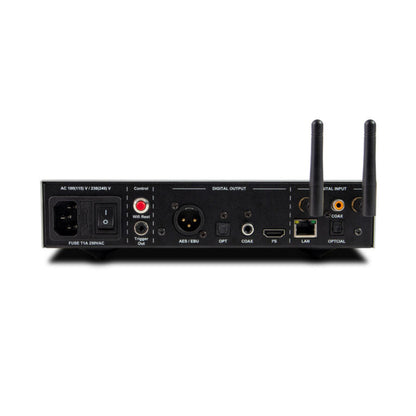 NuPrime Stream 9X Netzwerk-Streamer Rückansicht mit XLR-, Koaxial-, Lichtleiter- und Ethernet-Anschluss