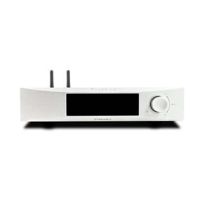 NuPrime Stream 9X Netzwerk-Streamer Frontansicht mit Display und Lautstärkeregler in Silber