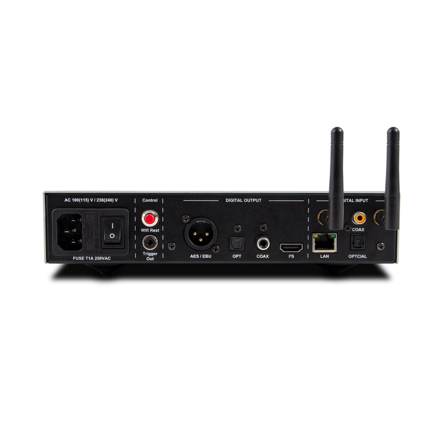 NuPrime Stream 9X Netzwerk-Streamer Rückansicht des Anschlussfelds mit XLR, Koaxial, Lichtleiter und Ethernet