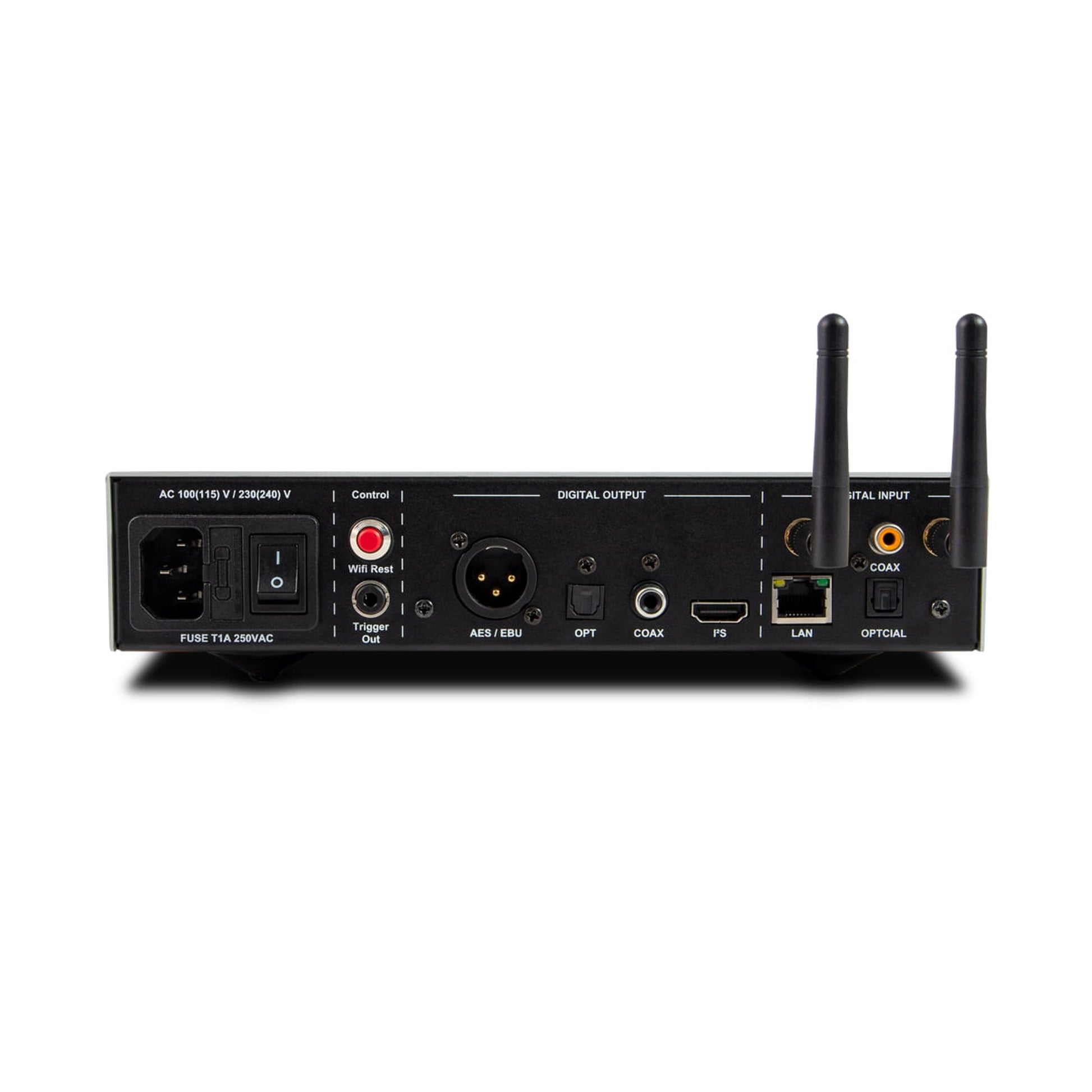 NuPrime Stream 9X Netzwerk-Streamer Rückansicht des Anschlussfelds mit XLR, Koaxial, Lichtleiter und Ethernet