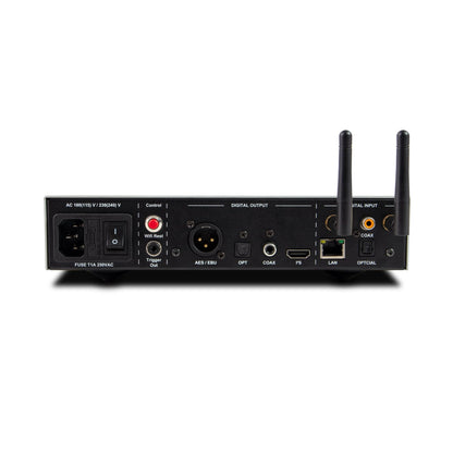 NuPrime Stream 9X Netzwerk-Streamer Rückansicht des Anschlussfelds mit XLR, Koaxial, Lichtleiter und Ethernet