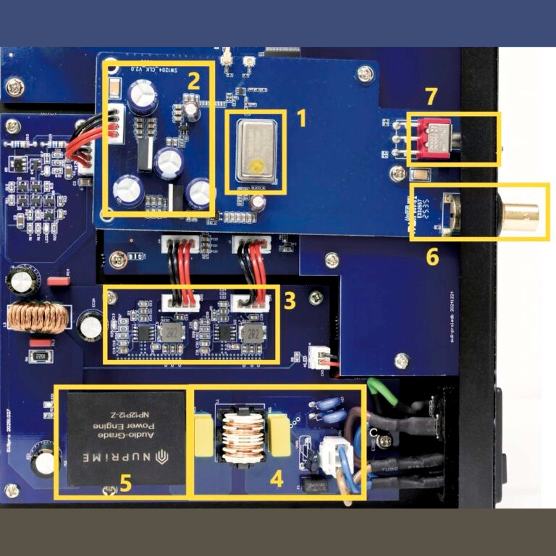 NuPrime SW-9X Netzwerk-Switch Detailansicht des Innenaufbaus mit markierten Baugruppen