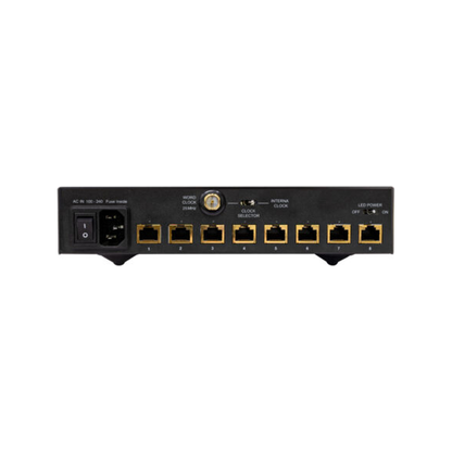 NuPrime SW-9X Netzwerk-Switch Rückansicht mit acht Ethernet-Ports und Clock-Eingang