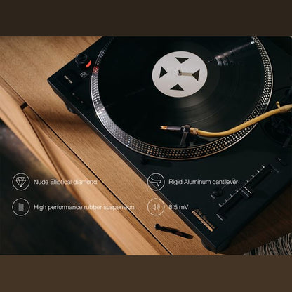 Ortofon Concorde MKII Elite Premium DJ-Tonabnehmer Lifestyle am Plattenspieler mit Eigenschaften-Grafik