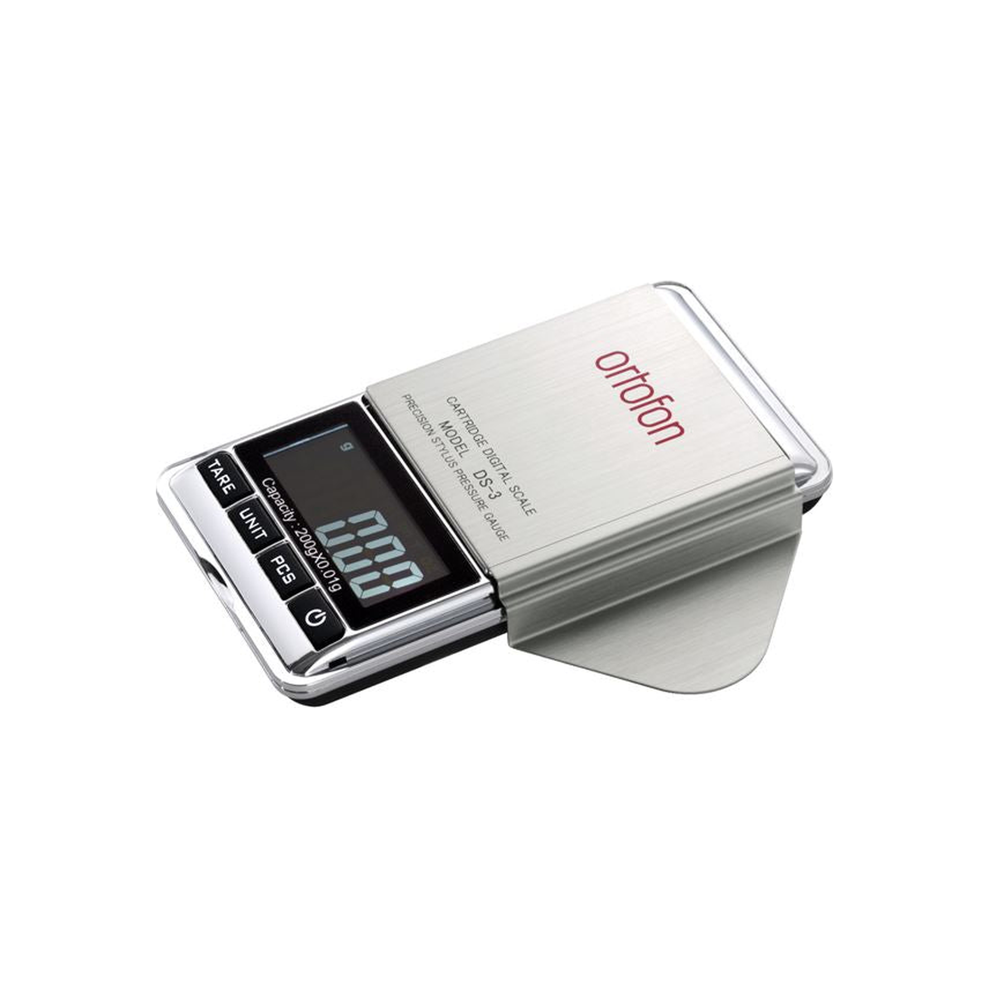 Ortofon DS-3 digitale Nadeldruckwaage Schrägansicht mit Waagschale und Gehäuse