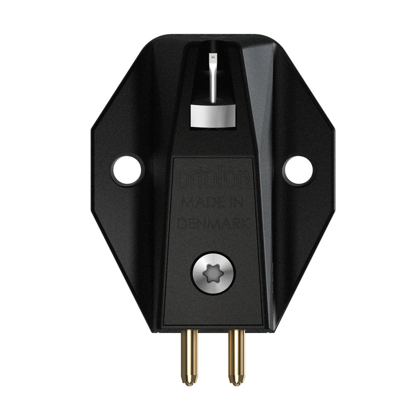 Ortofon MC X10 MC-Tonabnehmer Unterseite mit Befestigungsbohrungen und Anschluss-Pins