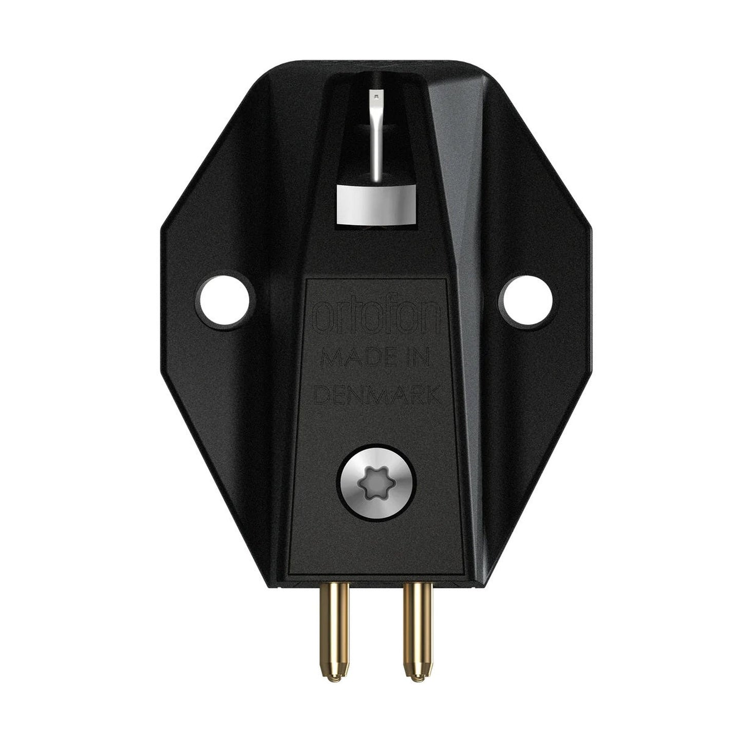 Ortofon MC X20 MC-Tonabnehmer Unterseite mit Befestigungsbohrungen und Anschluss-Pins