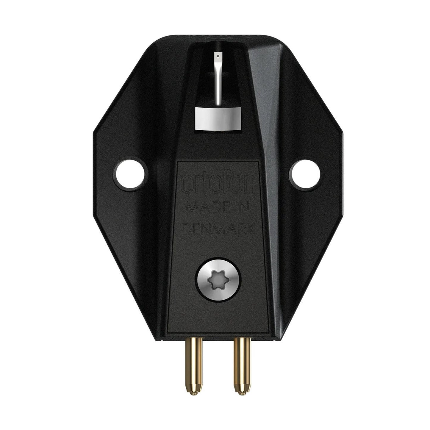 Ortofon MC X30 MC-Tonabnehmer Unterseite mit Befestigungsbohrungen und Anschluss-Pins
