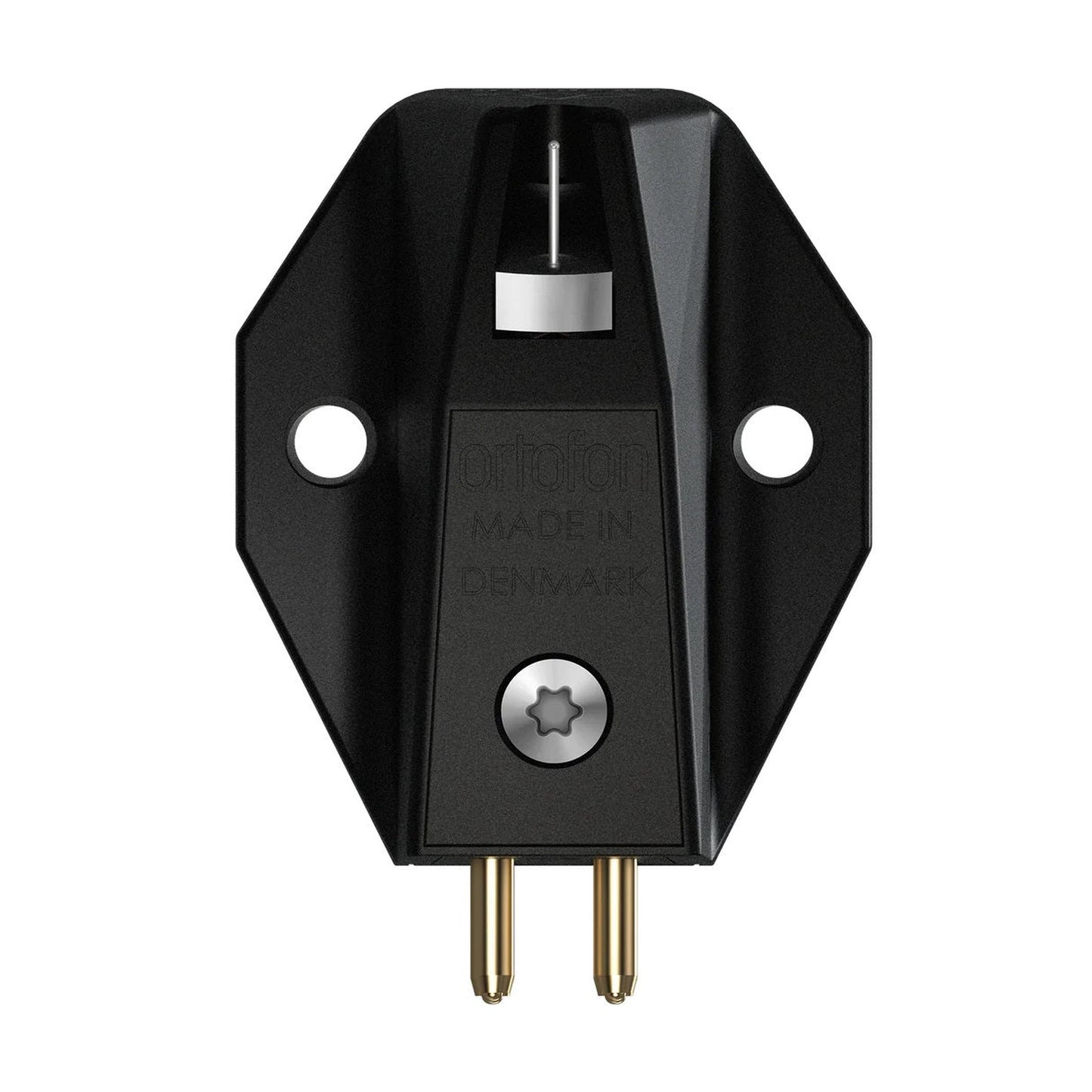 Ortofon MC X40 MC-Tonabnehmer Unterseite mit Befestigungsbohrungen und Anschluss-Pins