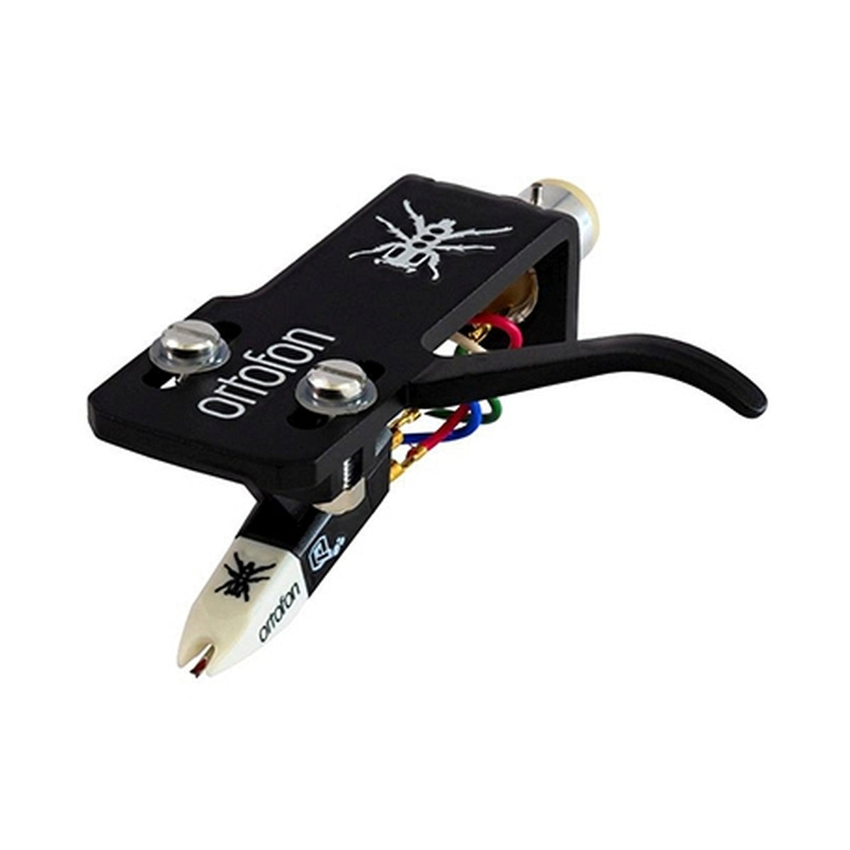 Ortofon OM Q.Bert auf SH-4 Schwarz DJ-Tonabnehmer Schrägansicht mit bedrucktem Headshell