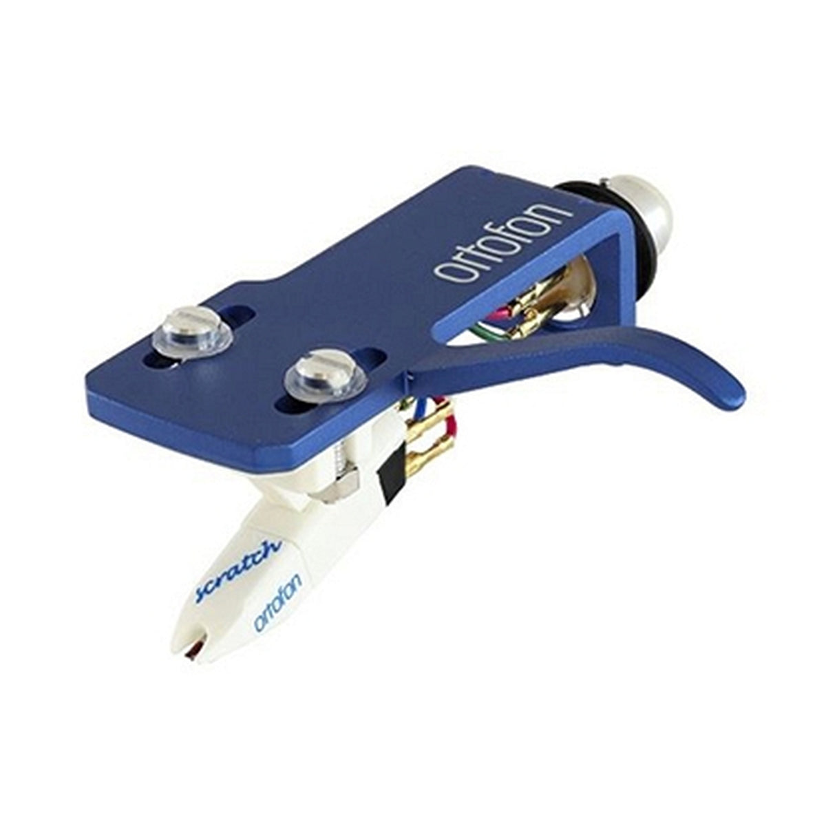 Ortofon OM Scratch White auf SH-4 Blau DJ-Tonabnehmer Schrägansicht mit blauem Headshell
