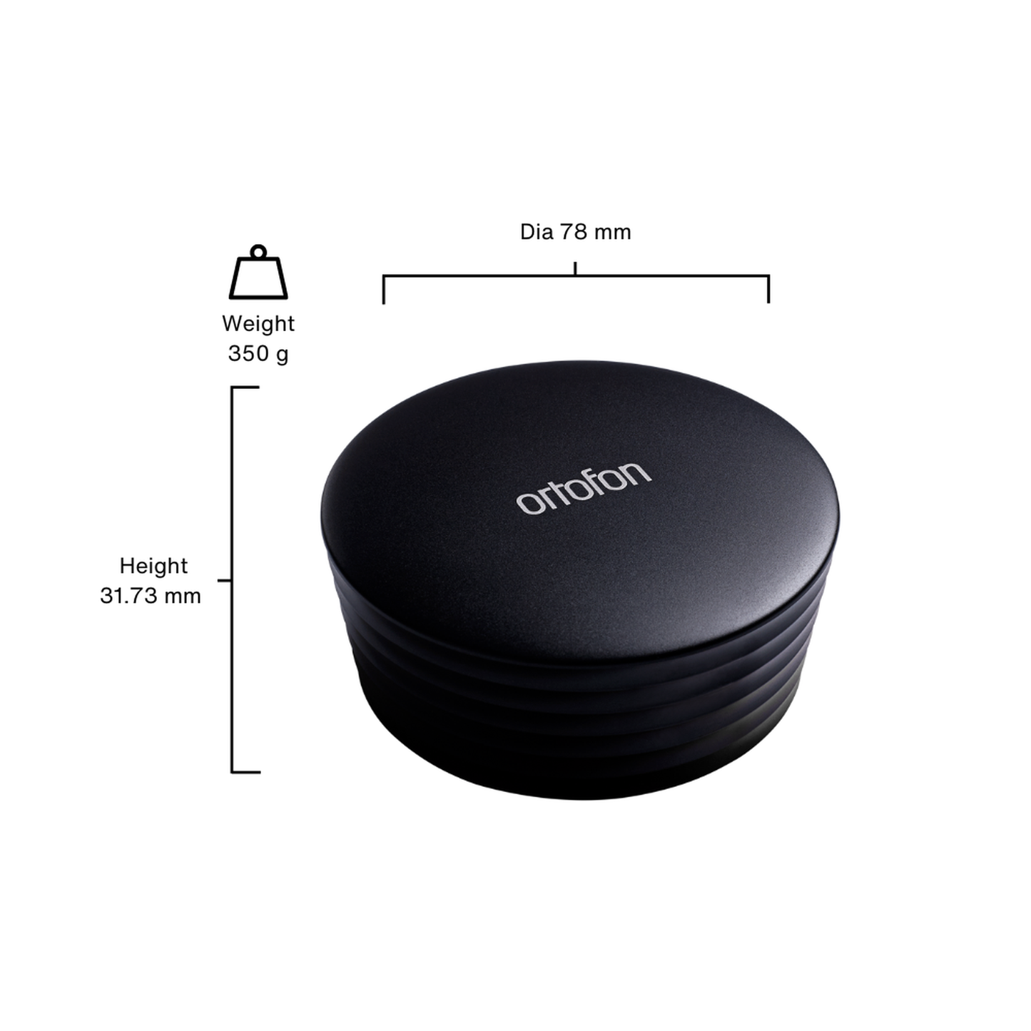 Ortofon Plattenstabilisator Heavy 350 g Schwarz Masszeichnung mit Durchmesser, Höhe und Gewicht