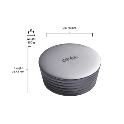 Ortofon Plattenstabilisator Heavy 350 g Silber Masszeichnung mit Durchmesser, Höhe und Gewicht