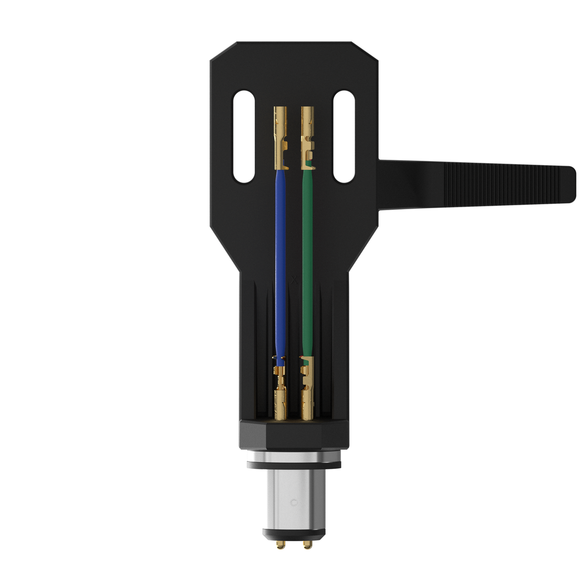 Ortofon SH-2 Headshell Schwarz Unteransicht mit Anschlusslitzen und Bajonett
