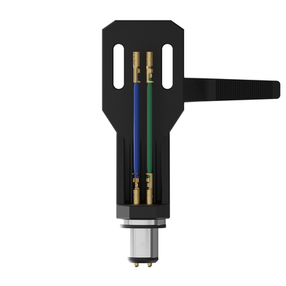 Ortofon SH-2 Headshell Schwarz Unteransicht mit Anschlusslitzen und Bajonett