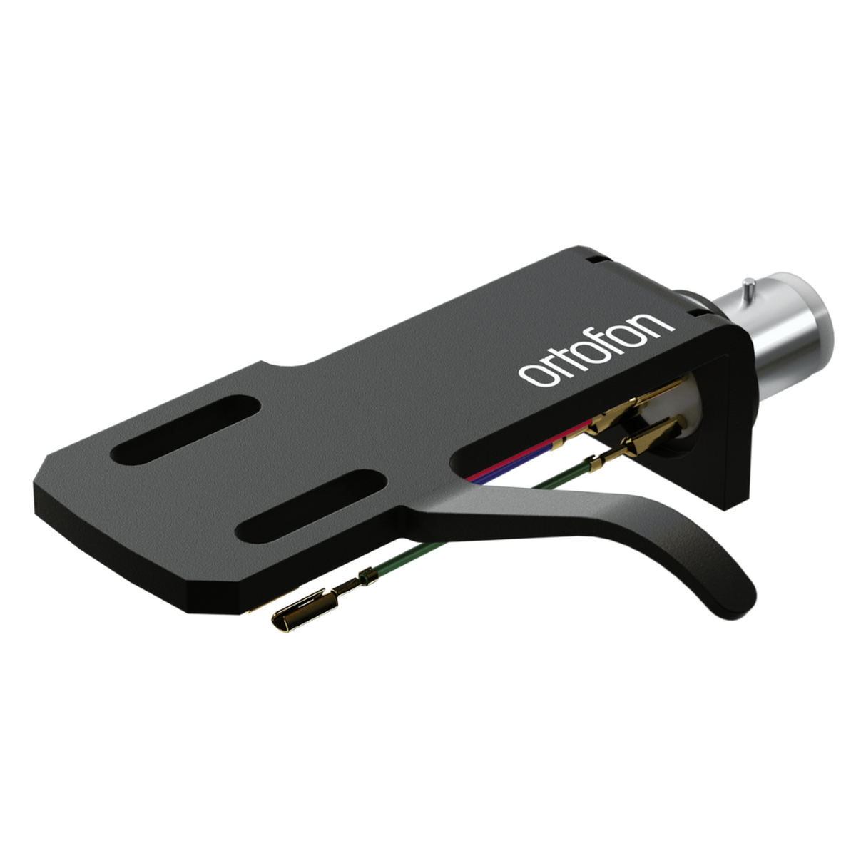Ortofon SH-4 Headshell Schwarz Schrägansicht mit Fingerlift und Anschlusslitzen
