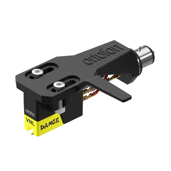 Ortofon VNL DANCE Premounted auf SH-2 DJ-Tonabnehmer Schrägansicht mit neongelbem Nadeleinschub