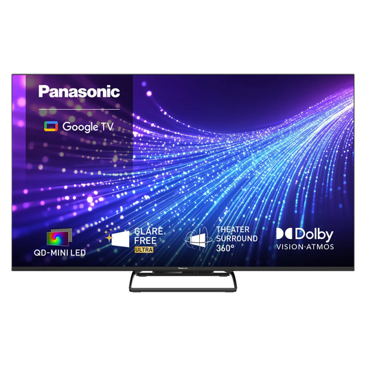Panasonic TN-75W97CE8S Mini-LED-Fernseher Frontansicht mit Startbildschirm Google TV, Dolby Vision Atmos