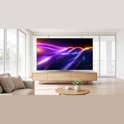 Panasonic TN-75W97CE8S Mini-LED-Fernseher im Wohnzimmer auf hellem TV-Sideboard