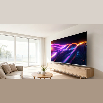 Panasonic TN-86W97CE8S Mini-LED-Fernseher Lifestyle seitlich im Wohnzimmer
