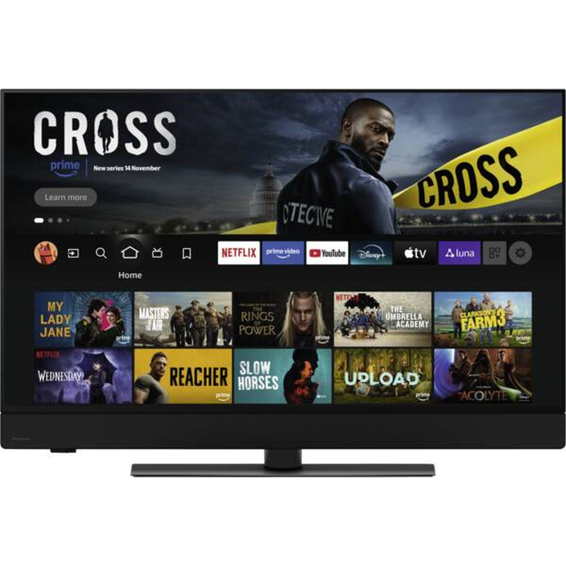 Panasonic TV-42Z90BE7A OLED-Fernseher Frontansicht mit Fire-TV-Startbildschirm und Streaming-Apps