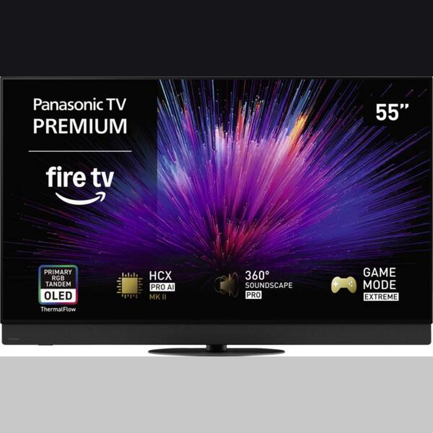 Panasonic TV-55Z95BEKA OLED-Fernseher Frontansicht, Bildschirm eingeschaltet mit Fire TV Startbildschirm
