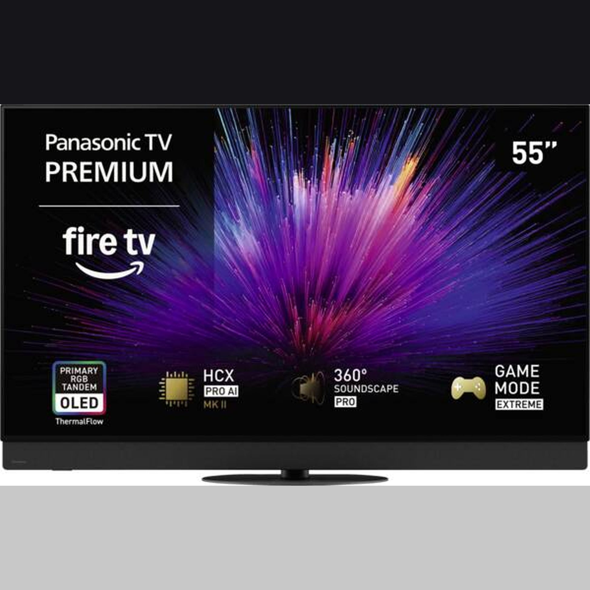 Panasonic TV-55Z95BEKA OLED-Fernseher Frontansicht, Bildschirm eingeschaltet mit Fire TV Startbildschirm