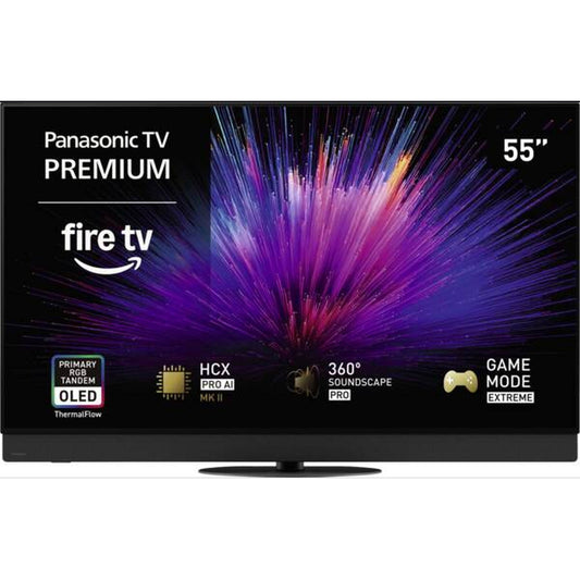Panasonic TV-55Z95BEKA OLED-Fernseher Frontansicht, Bildschirm eingeschaltet mit Fire TV Startbildschirm