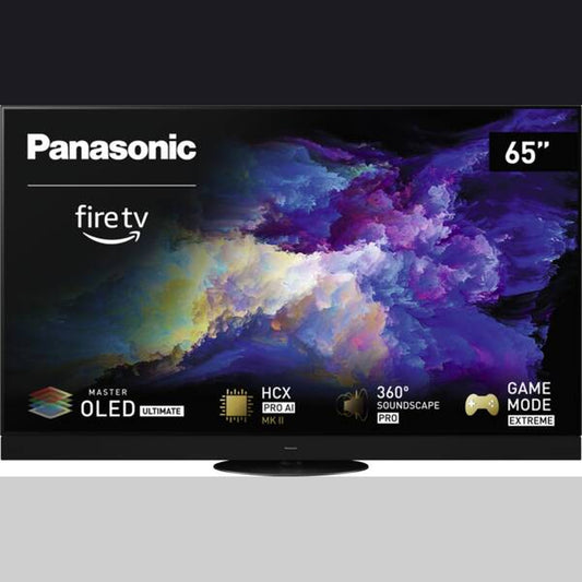 Panasonic TV-65Z95AEK OLED-Fernseher Frontansicht mit Ausstattungsübersicht