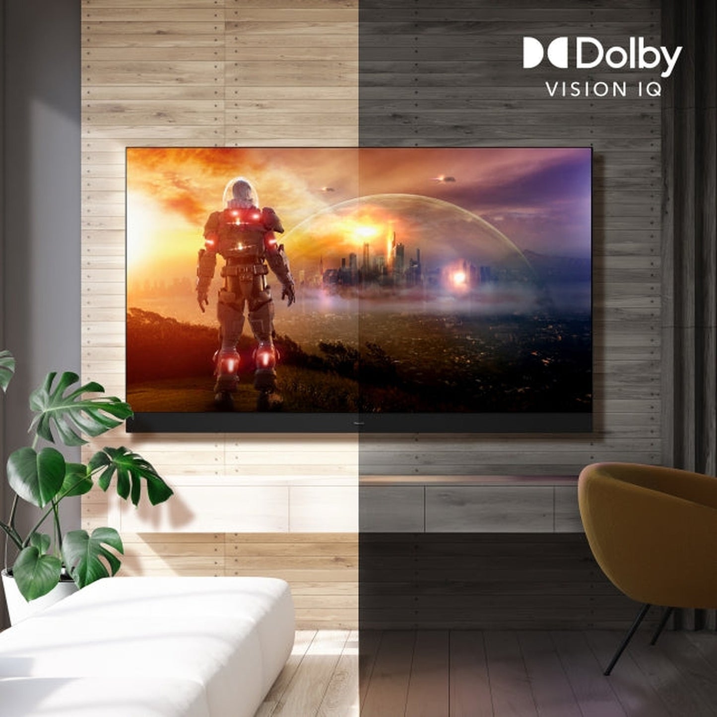 Panasonic TV-65Z95AEK OLED-Fernseher Lifestyle an holzverkleideter Wand montiert