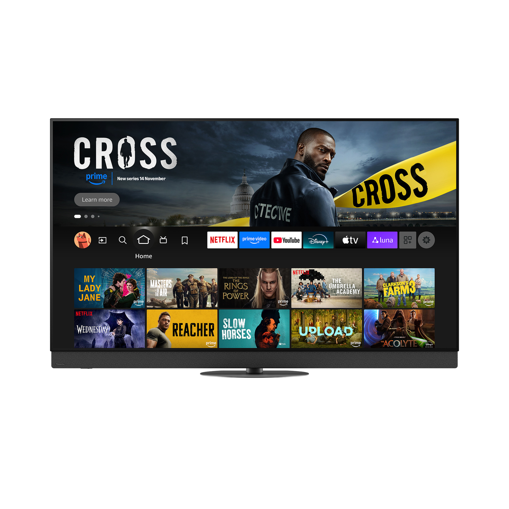 Panasonic TV-65Z95BEK OLED-Fernseher Frontansicht mit Fire-TV-Startbildschirm
