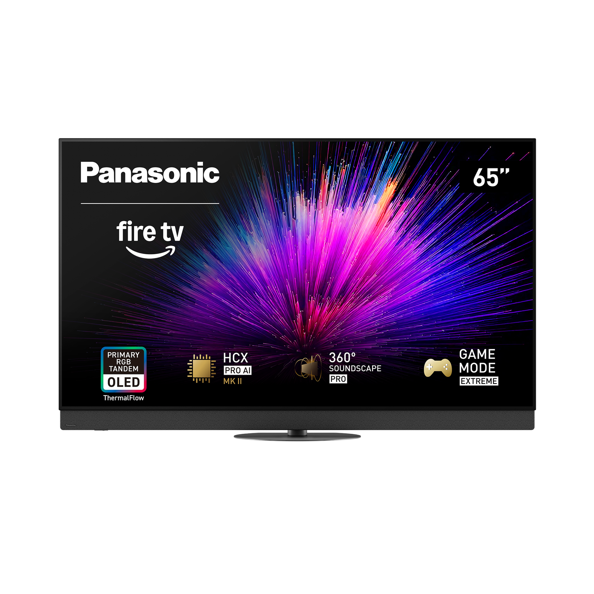 Panasonic TV-65Z95BEK OLED-Fernseher Frontansicht mit Ausstattungsübersicht