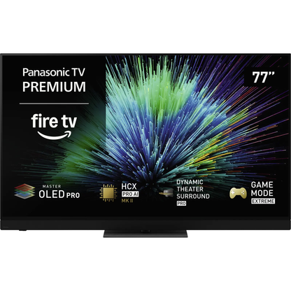 Panasonic TV-77Z90BEK OLED-Fernseher Frontansicht mit Ausstattungsübersicht