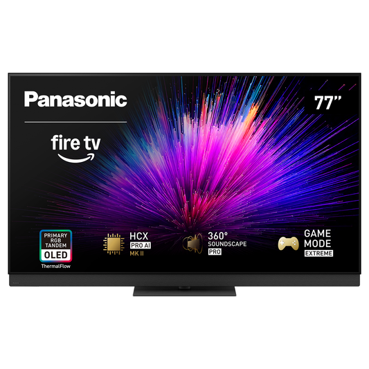 Panasonic TV-77Z95BEKA OLED-Fernseher Frontansicht mit Bildschirminhalt