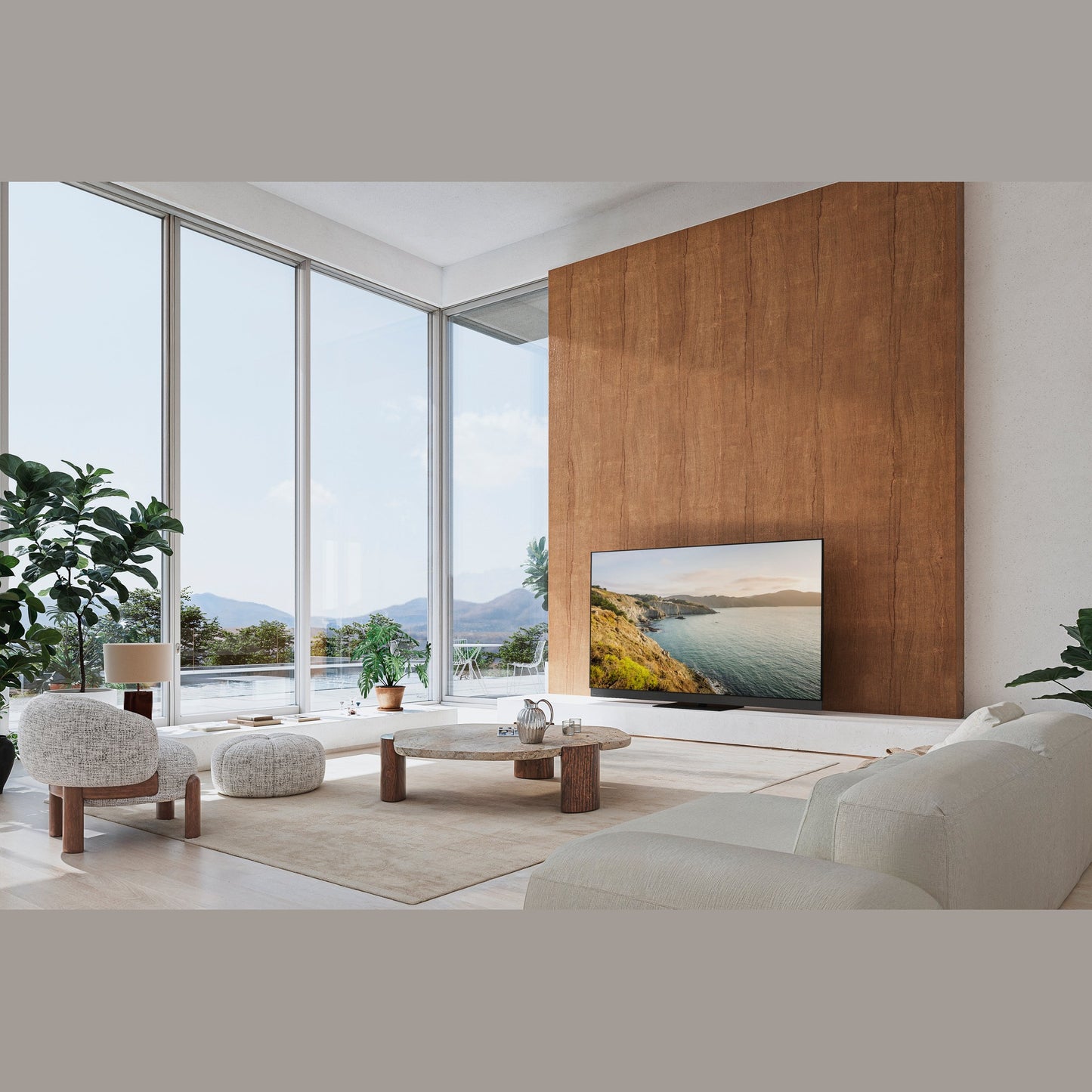 Panasonic TV-77Z95BEKA OLED-Fernseher Lifestyle im Wohnzimmer, Schrägansicht
