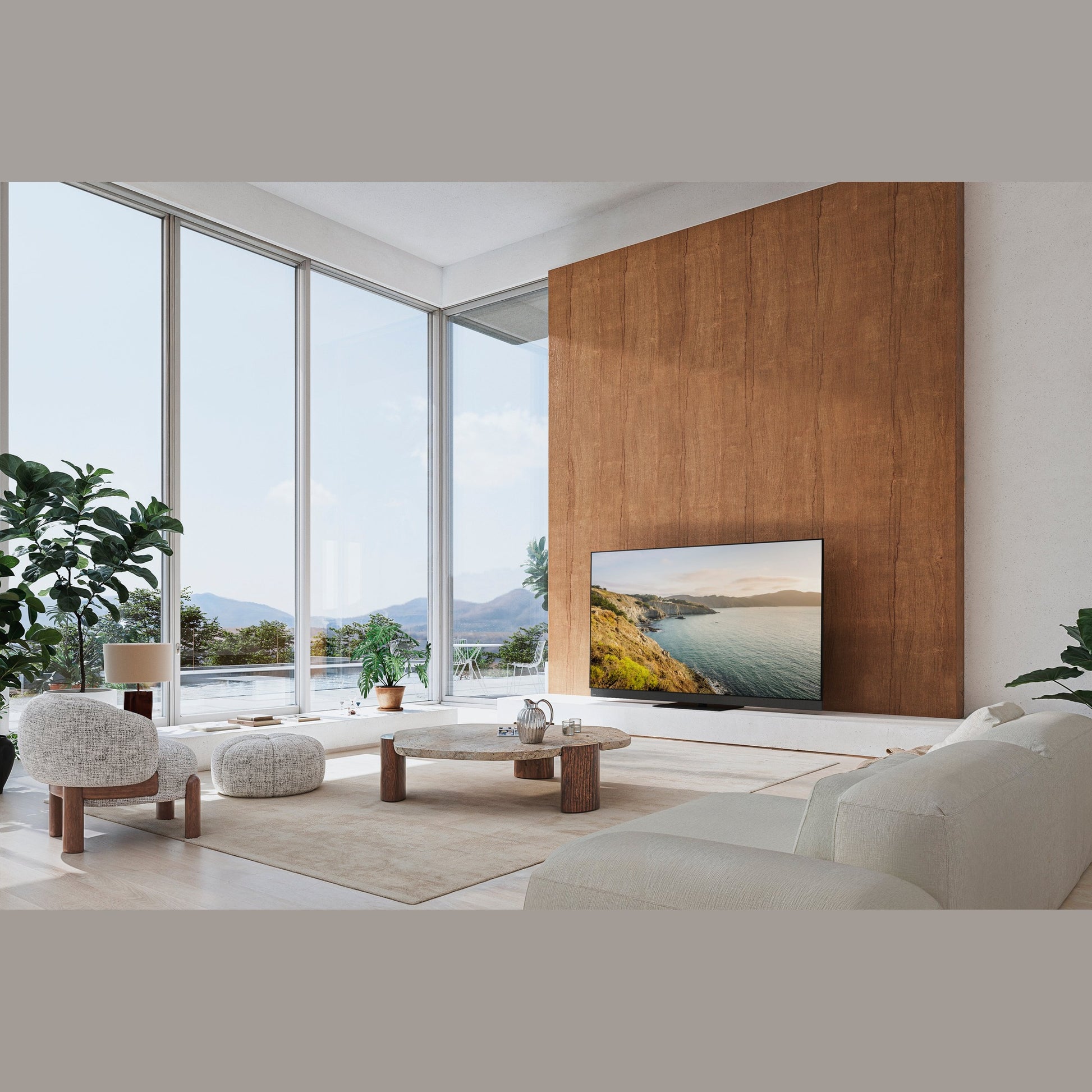 Panasonic TV-77Z95BEKA OLED-Fernseher Lifestyle im Wohnzimmer, Schrägansicht