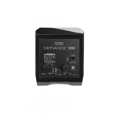 Paradigm Defiance S10 Subwoofer Rückansicht mit Verstärkerpanel und Anschlussfeld, Gloss Black