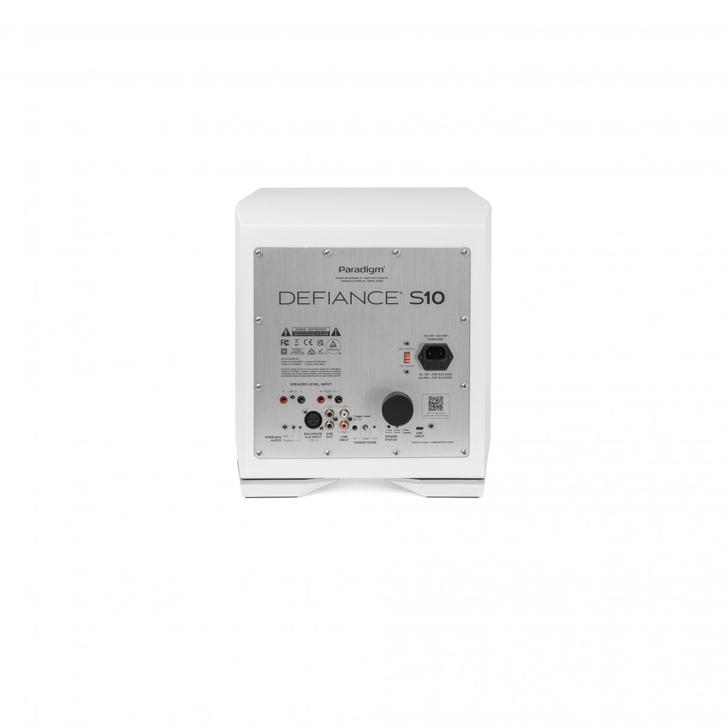 Paradigm Defiance S10 Subwoofer Rückansicht mit Verstärkerpanel und Anschlussfeld, Satin White