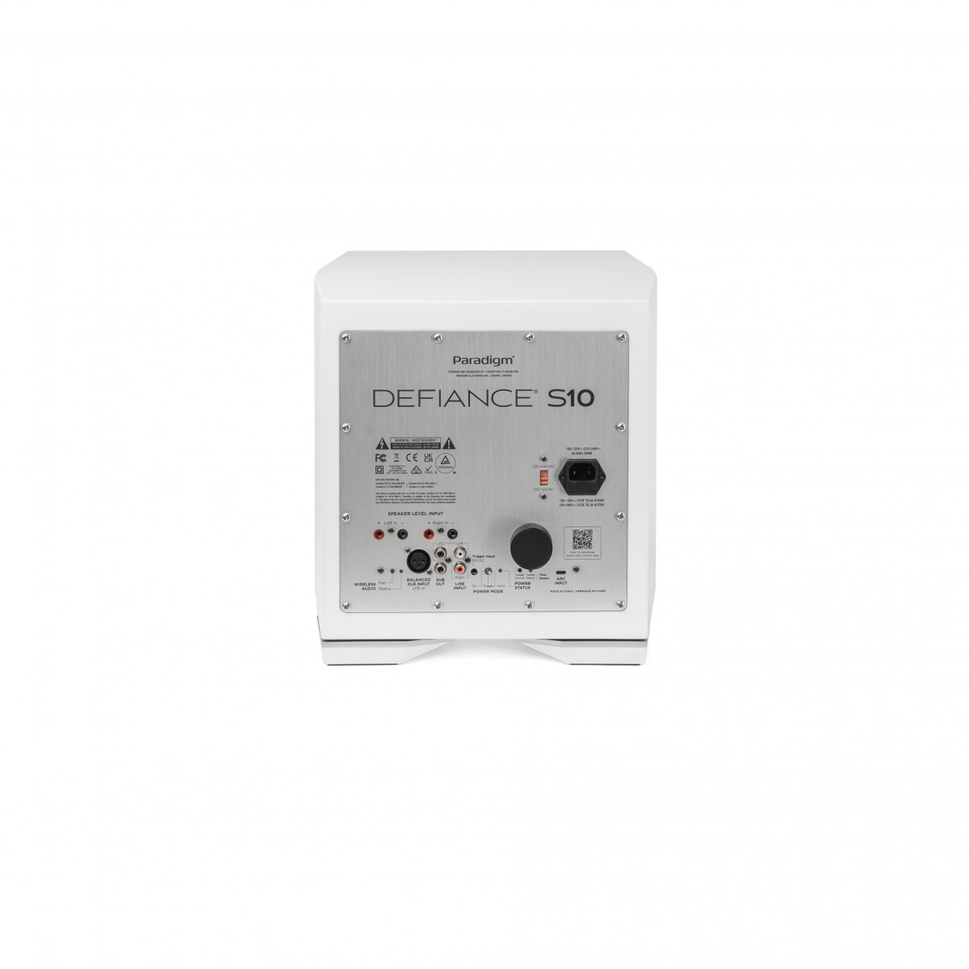 Paradigm Defiance S10 Subwoofer Rückansicht mit Verstärkerpanel und Anschlussfeld, Satin White
