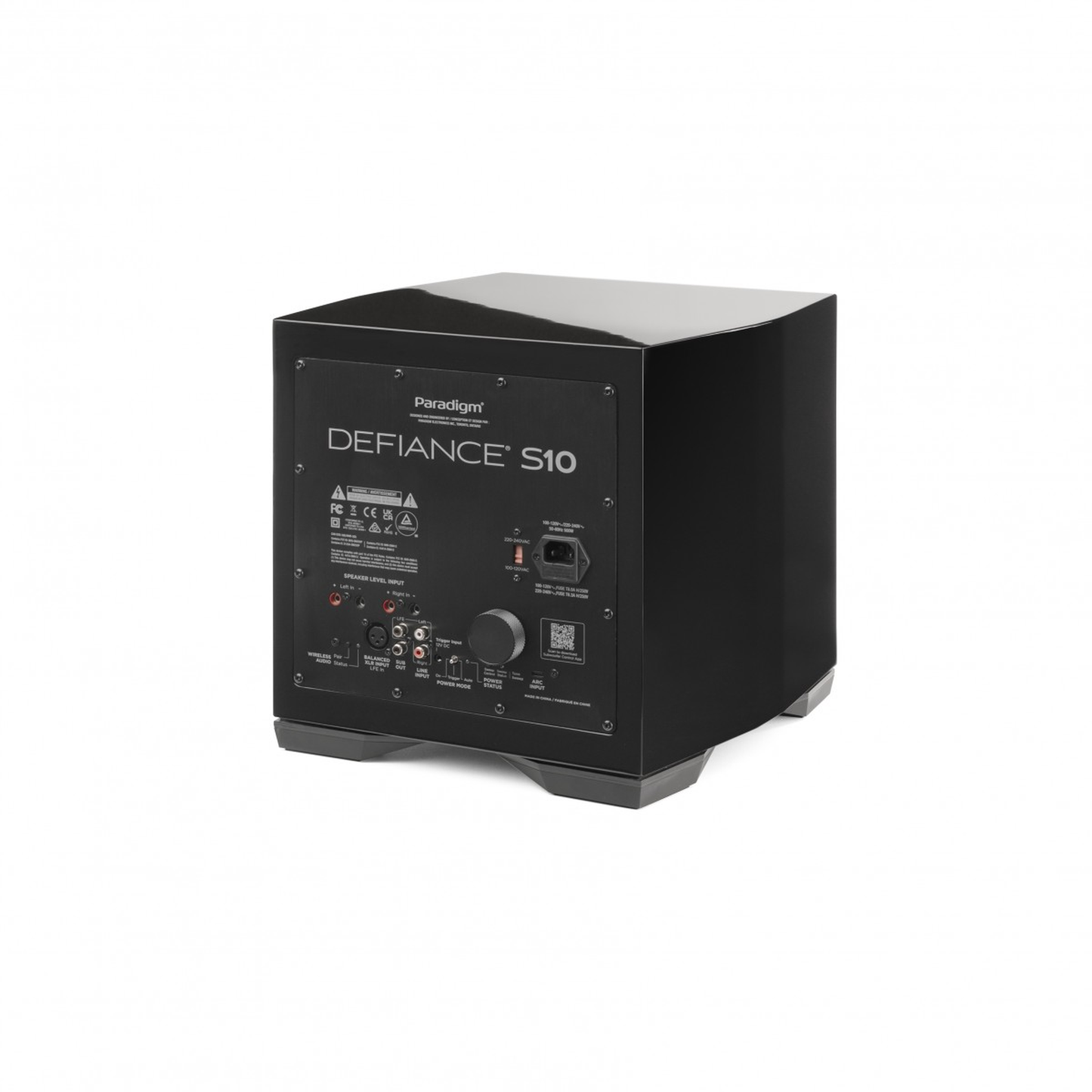 Paradigm Defiance S10 Subwoofer Rückansicht schräg mit Anschlussfeld, Gloss Black