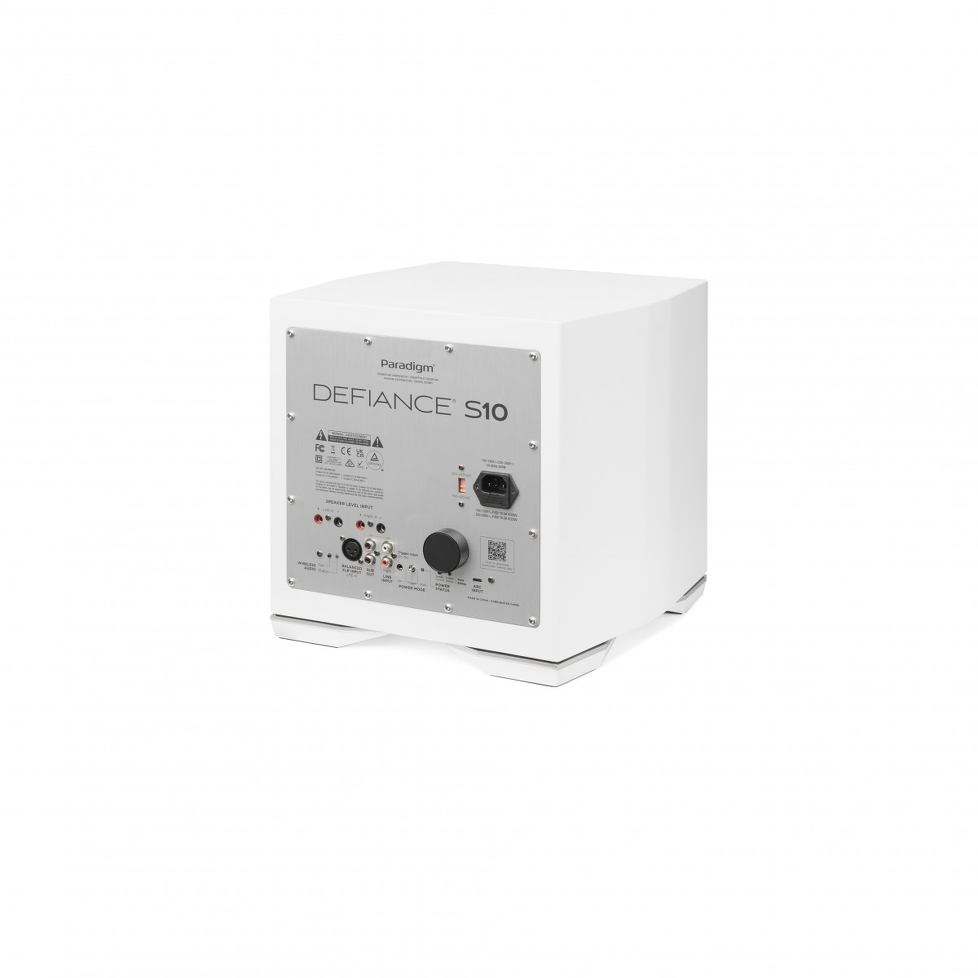 Paradigm Defiance S10 Subwoofer Rückansicht schräg mit Anschlussfeld, Satin White