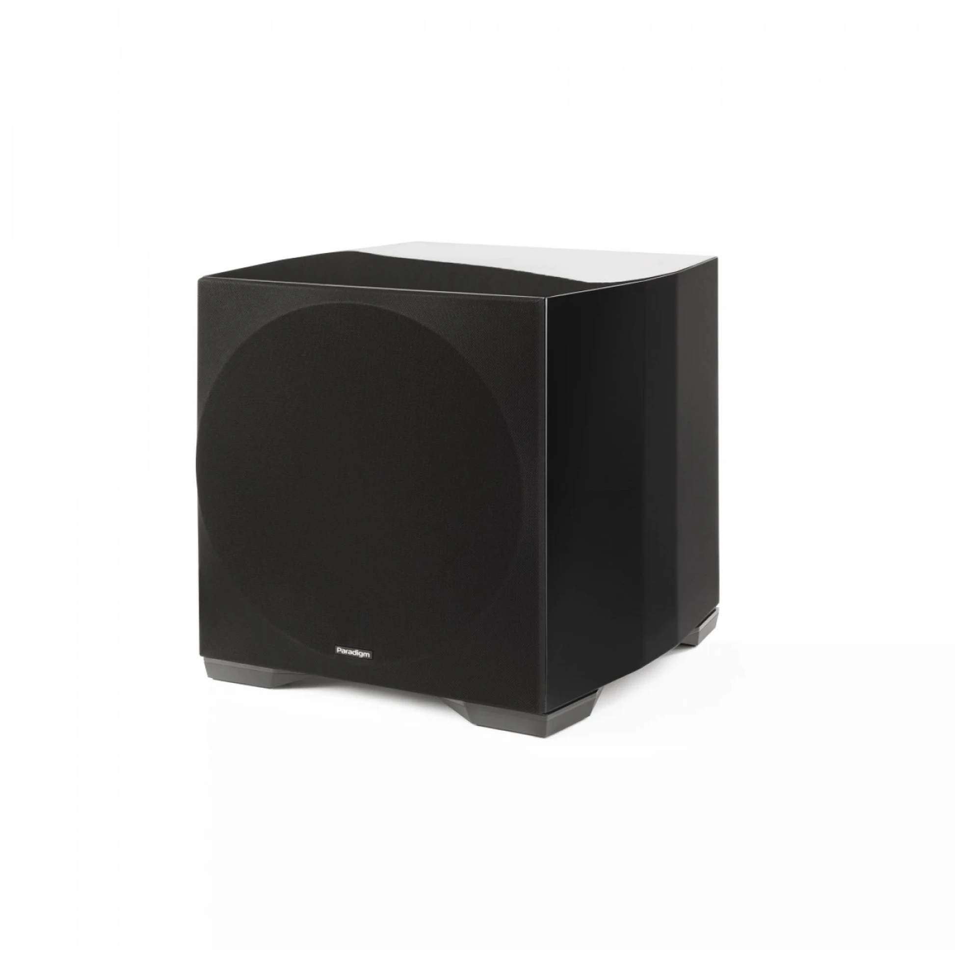 Paradigm Defiance S12 Subwoofer Schrägansicht mit montierter Abdeckung, Gloss Black