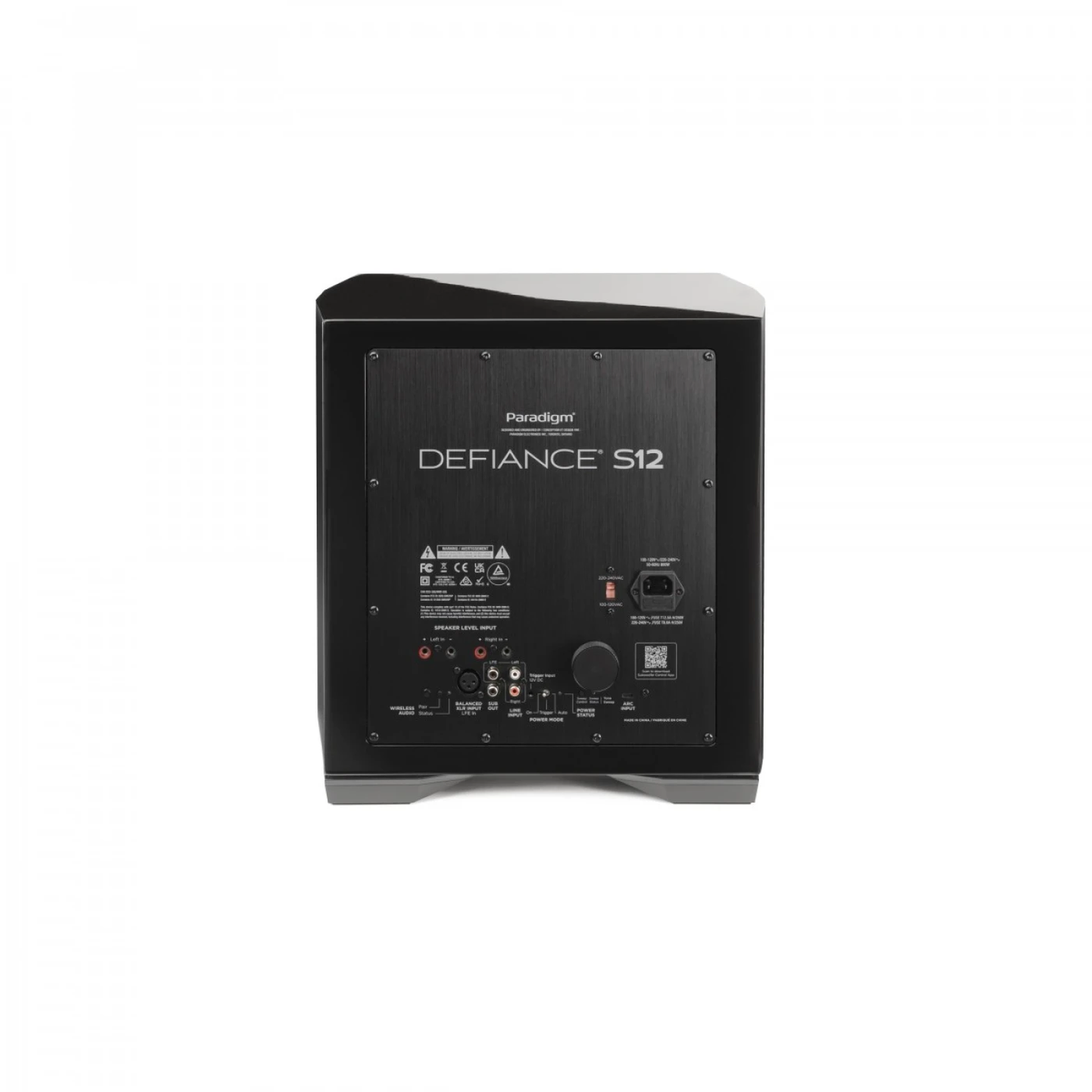 Paradigm Defiance S12 Subwoofer Rückansicht mit Verstärkerpanel und Anschlussfeld, Gloss Black