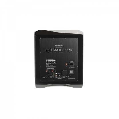 Paradigm Defiance S12 Subwoofer Rückansicht mit Verstärkerpanel und Anschlussfeld, Gloss Black