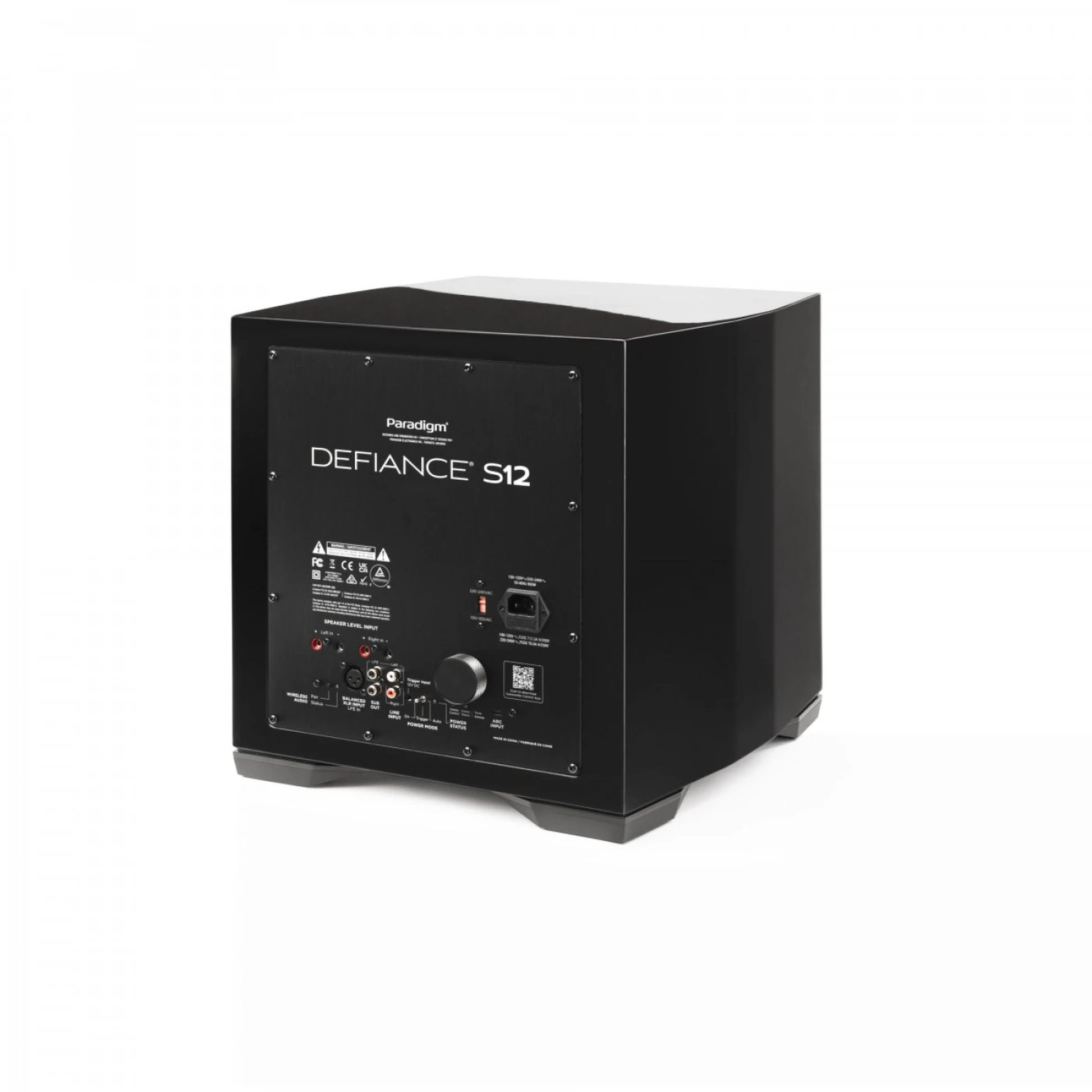 Paradigm Defiance S12 Subwoofer Rückansicht schräg mit Anschlussfeld, Gloss Black