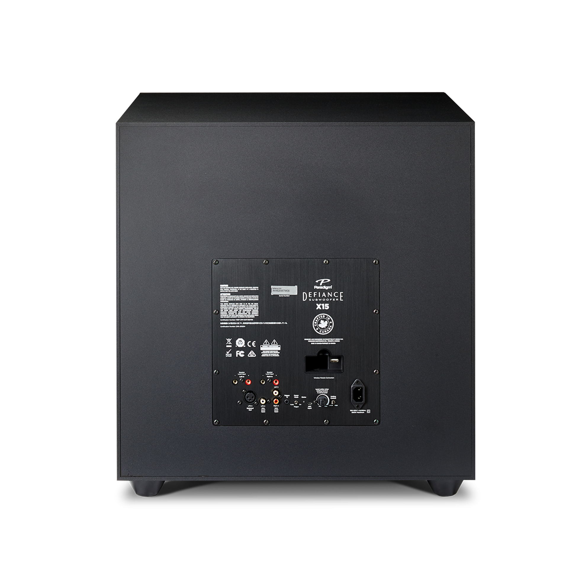 Paradigm Defiance X15 Subwoofer Rückansicht mit Verstärkerpanel und Anschlussfeld, Black Satin