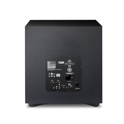 Paradigm Defiance X15 Subwoofer Rückansicht mit Verstärkerpanel und Anschlussfeld, Black Satin