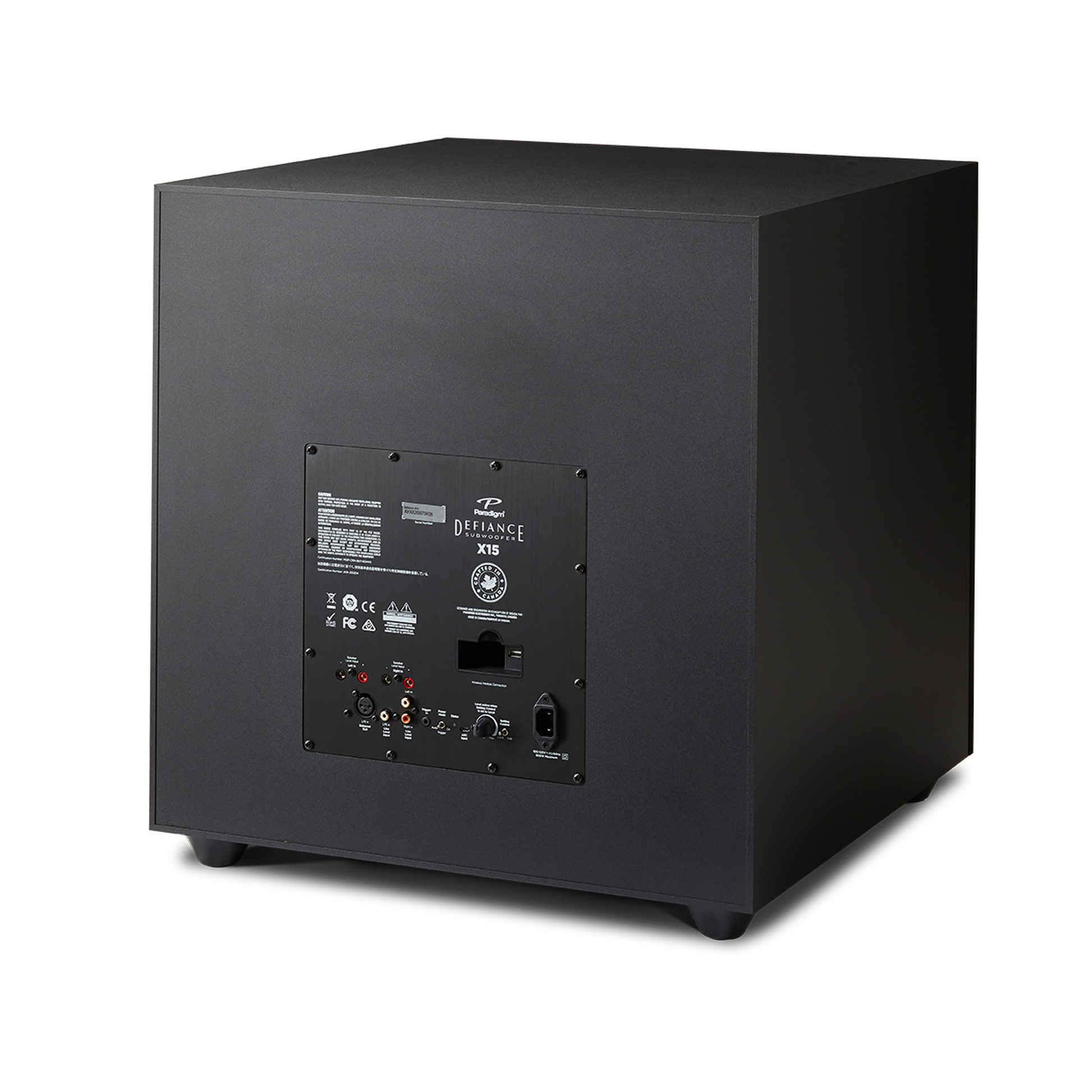 Paradigm Defiance X15 Subwoofer Rückansicht schräg mit Anschlussfeld, Black Satin